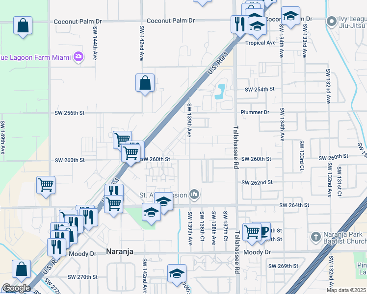 map of restaurants, bars, coffee shops, grocery stores, and more near 25873 Southwest 139th Path in Naranja