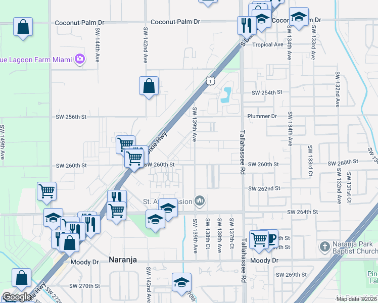 map of restaurants, bars, coffee shops, grocery stores, and more near 13890 Southwest 258th Street in Homestead