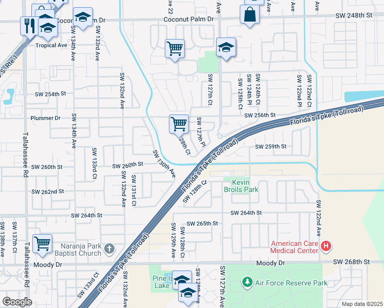 map of restaurants, bars, coffee shops, grocery stores, and more near 25843 Southwest 128th Avenue in Homestead