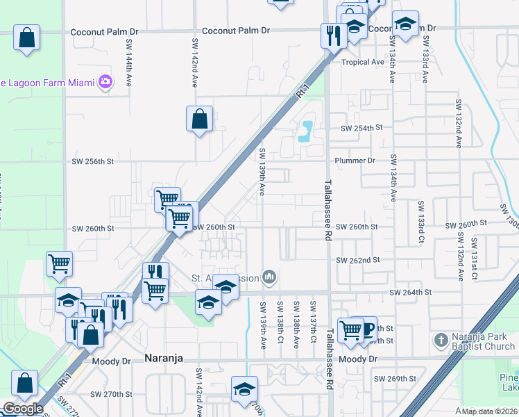 map of restaurants, bars, coffee shops, grocery stores, and more near 13890 Southwest 258th Street in Homestead