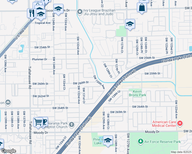 map of restaurants, bars, coffee shops, grocery stores, and more near 25901 Southwest 130th Avenue in Homestead