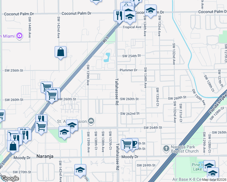 map of restaurants, bars, coffee shops, grocery stores, and more near 25820 Southwest 137th Avenue in Homestead