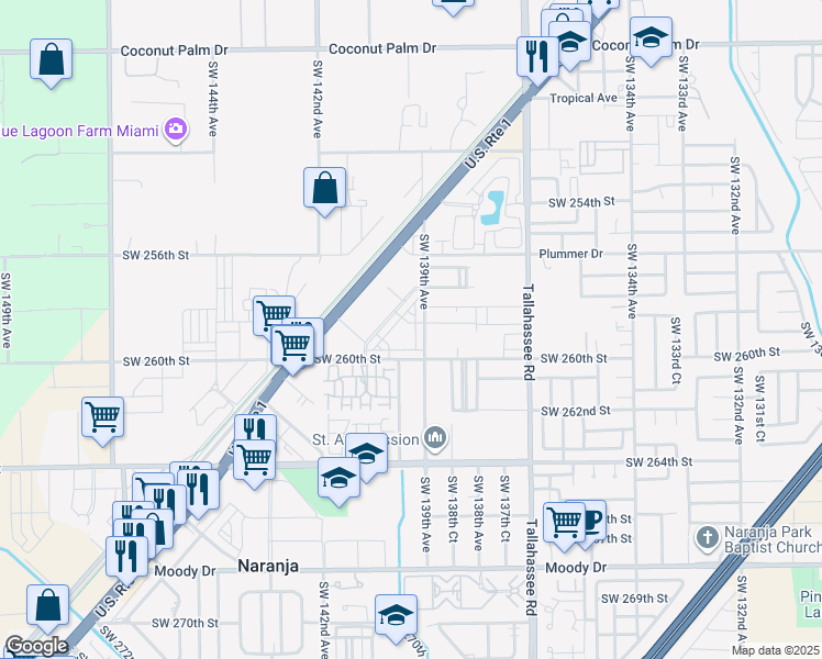 map of restaurants, bars, coffee shops, grocery stores, and more near 25873 Southwest 139th Path in Naranja