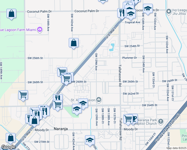 map of restaurants, bars, coffee shops, grocery stores, and more near 13890 Southwest 258th Street in Homestead