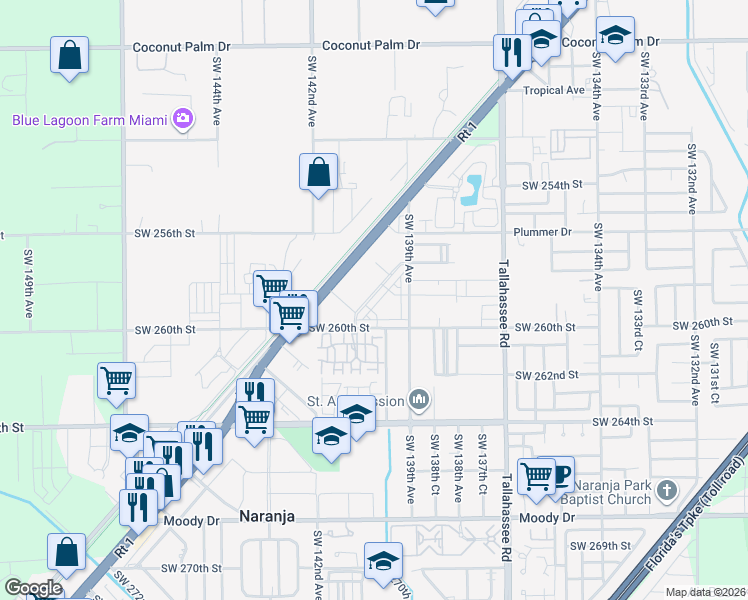 map of restaurants, bars, coffee shops, grocery stores, and more near 25873 Southwest 139th Path in Naranja
