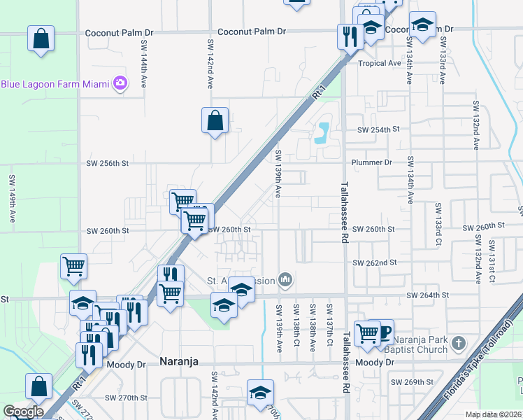 map of restaurants, bars, coffee shops, grocery stores, and more near 25873 Southwest 139th Path in Naranja