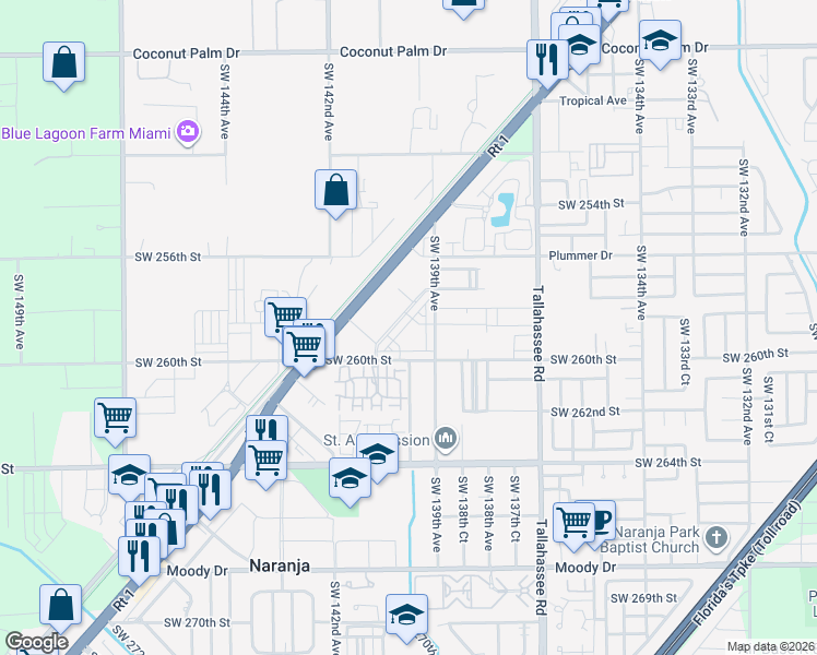 map of restaurants, bars, coffee shops, grocery stores, and more near 25873 Southwest 139th Path in Naranja
