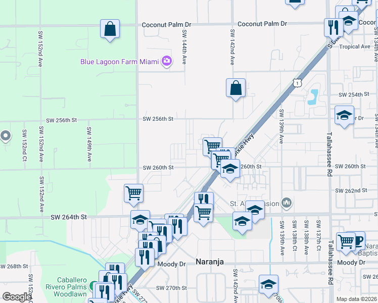 map of restaurants, bars, coffee shops, grocery stores, and more near 14341 Southwest 258th Lane in Naranja