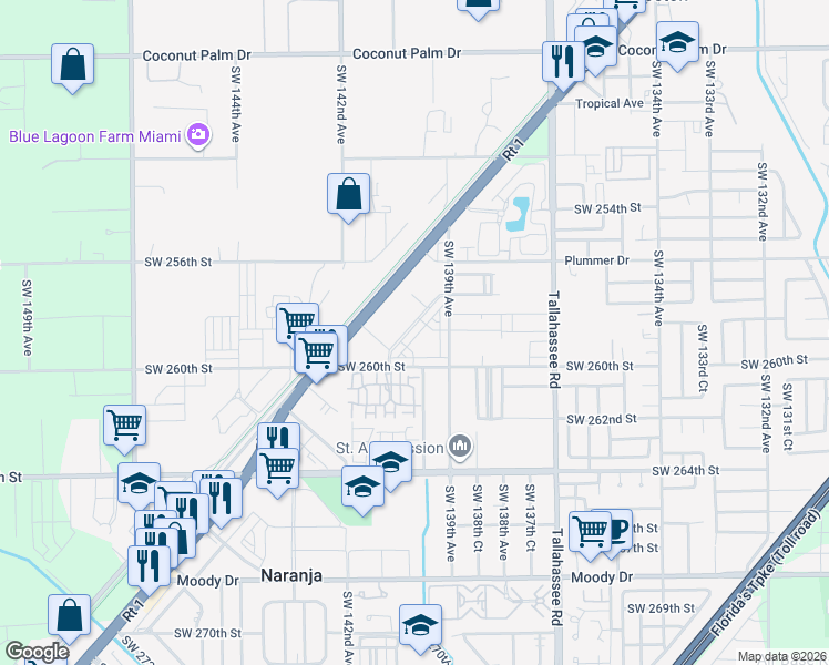 map of restaurants, bars, coffee shops, grocery stores, and more near 25873 Southwest 139th Path in Naranja