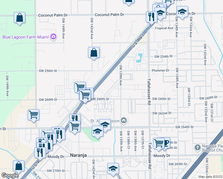 map of restaurants, bars, coffee shops, grocery stores, and more near 25873 Southwest 139th Path in Naranja