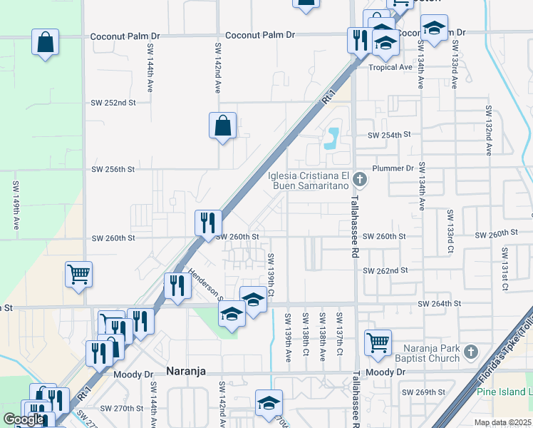 map of restaurants, bars, coffee shops, grocery stores, and more near 25873 Southwest 139th Path in Naranja