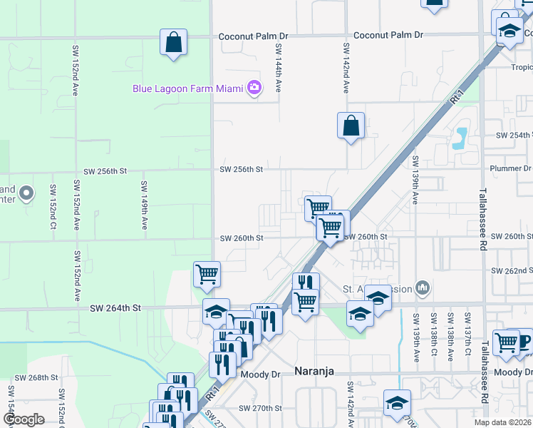 map of restaurants, bars, coffee shops, grocery stores, and more near 25586 Southwest 144th Avenue in Homestead