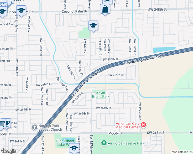 map of restaurants, bars, coffee shops, grocery stores, and more near 12551 Southwest 259th Street in Homestead