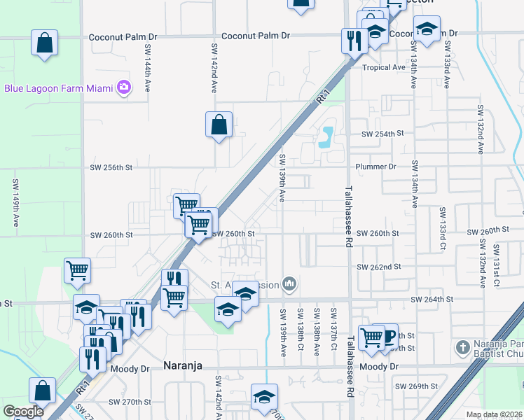 map of restaurants, bars, coffee shops, grocery stores, and more near 25873 Southwest 139th Path in Naranja