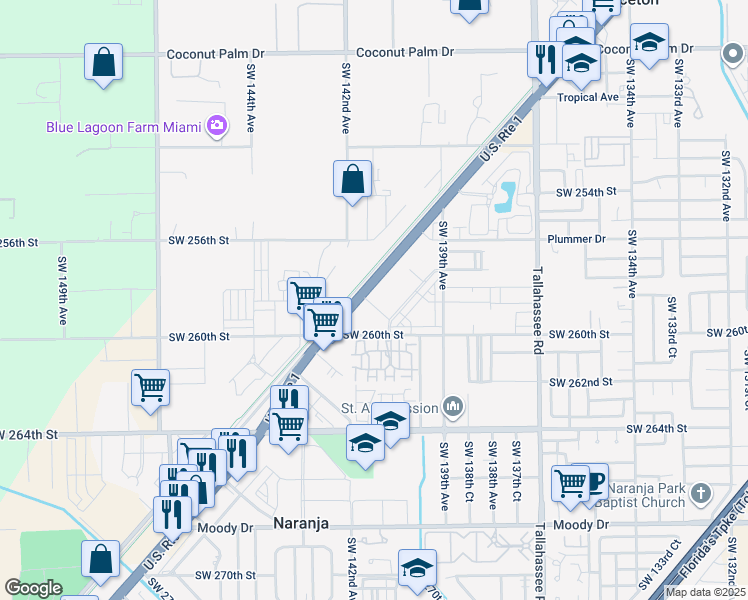 map of restaurants, bars, coffee shops, grocery stores, and more near 25865 South Dixie Highway in Homestead