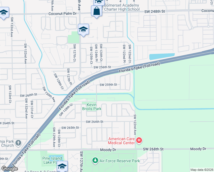 map of restaurants, bars, coffee shops, grocery stores, and more near 12402 Southwest 259th Street in Homestead