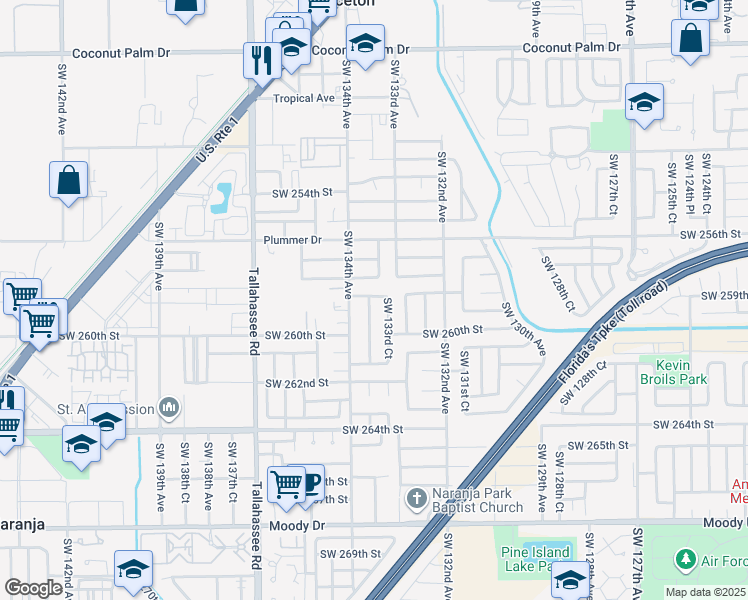 map of restaurants, bars, coffee shops, grocery stores, and more near 25873 Southwest 133rd Place in Homestead