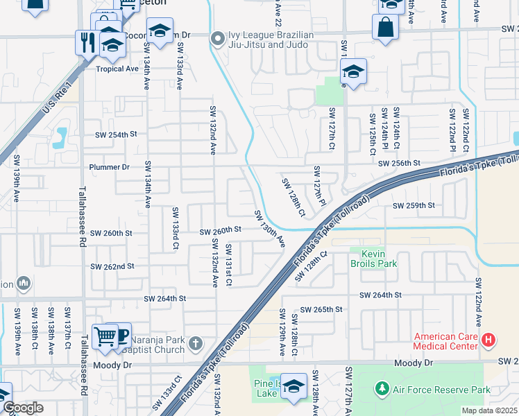 map of restaurants, bars, coffee shops, grocery stores, and more near 25901 SW 130th Ave in Homestead