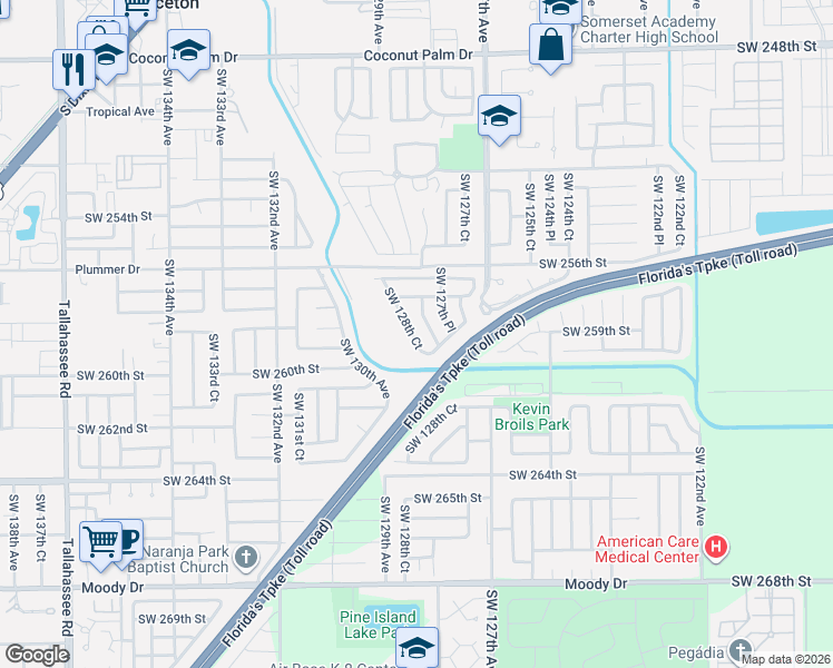 map of restaurants, bars, coffee shops, grocery stores, and more near 25843 Southwest 128th Avenue in Homestead