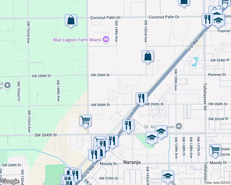 map of restaurants, bars, coffee shops, grocery stores, and more near 25586 Southwest 144th Avenue in Homestead