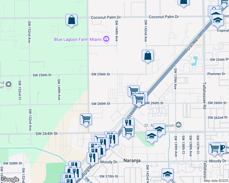 map of restaurants, bars, coffee shops, grocery stores, and more near 25586 Southwest 144th Avenue in Homestead