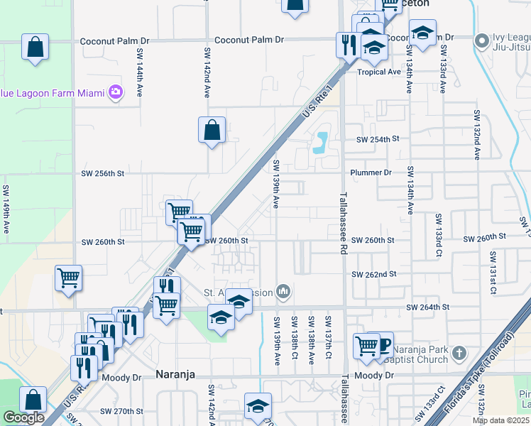 map of restaurants, bars, coffee shops, grocery stores, and more near 25873 Southwest 139th Path in Naranja