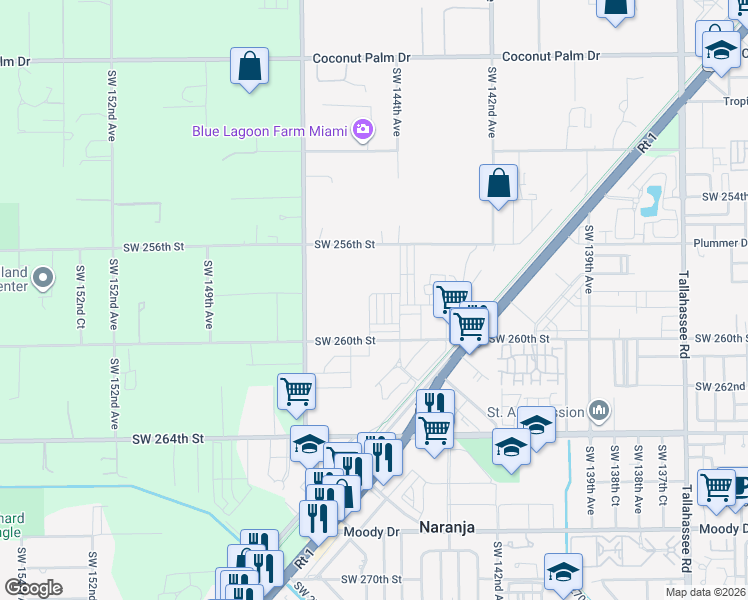 map of restaurants, bars, coffee shops, grocery stores, and more near 25586 Southwest 144th Avenue in Homestead