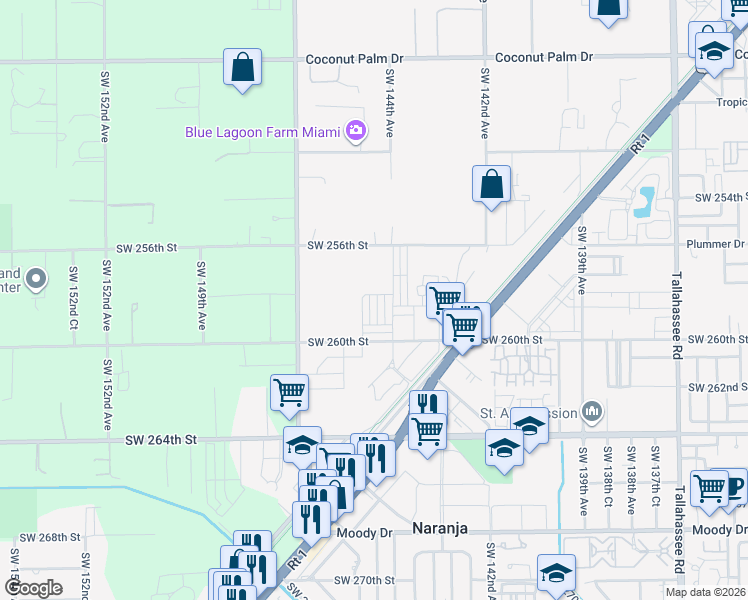 map of restaurants, bars, coffee shops, grocery stores, and more near 25586 Southwest 144th Avenue in Homestead