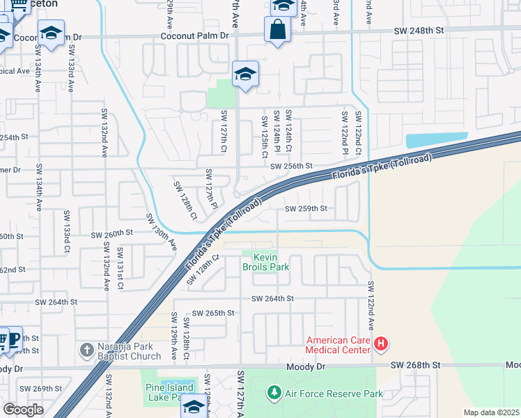 map of restaurants, bars, coffee shops, grocery stores, and more near 12551 Southwest 259th Street in Homestead