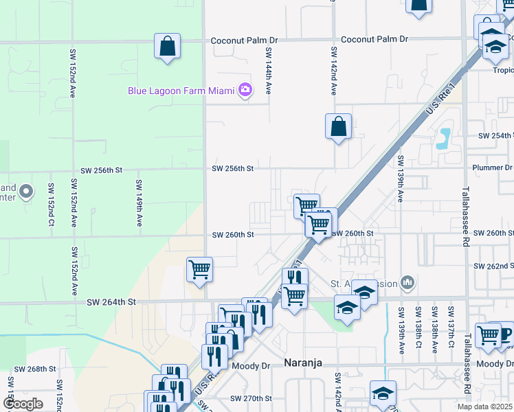 map of restaurants, bars, coffee shops, grocery stores, and more near 25586 Southwest 144th Avenue in Homestead