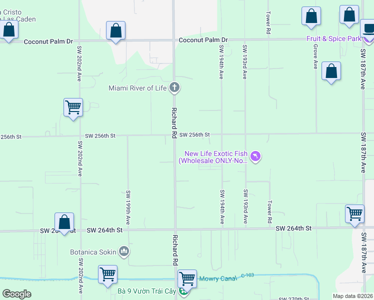 map of restaurants, bars, coffee shops, grocery stores, and more near 19600 Southwest 256th Street in Homestead