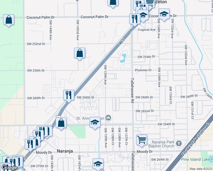 map of restaurants, bars, coffee shops, grocery stores, and more near 13890 Southwest 258th Street in Homestead