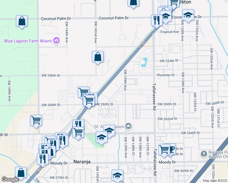 map of restaurants, bars, coffee shops, grocery stores, and more near 25873 Southwest 139th Path in Naranja