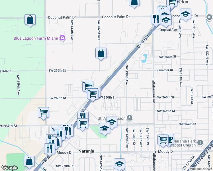 map of restaurants, bars, coffee shops, grocery stores, and more near 25865 South Dixie Highway in Homestead