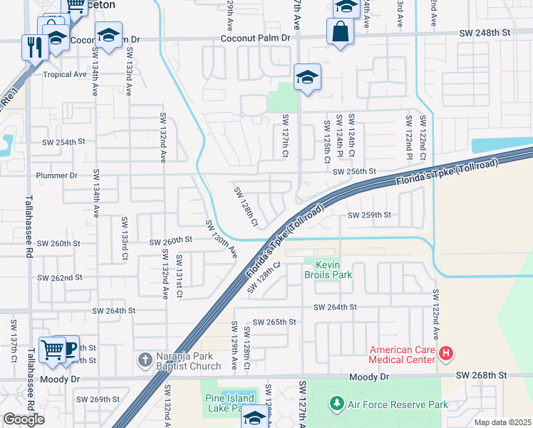 map of restaurants, bars, coffee shops, grocery stores, and more near 25843 Southwest 128th Avenue in Homestead