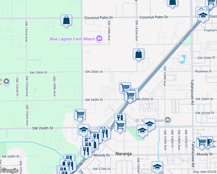 map of restaurants, bars, coffee shops, grocery stores, and more near 25586 Southwest 144th Avenue in Homestead