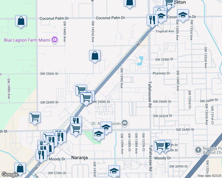 map of restaurants, bars, coffee shops, grocery stores, and more near 25873 Southwest 139th Path in Naranja