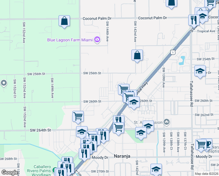 map of restaurants, bars, coffee shops, grocery stores, and more near 14341 Southwest 258th Lane in Naranja