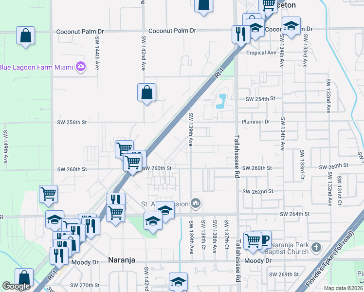 map of restaurants, bars, coffee shops, grocery stores, and more near 25873 Southwest 139th Path in Naranja