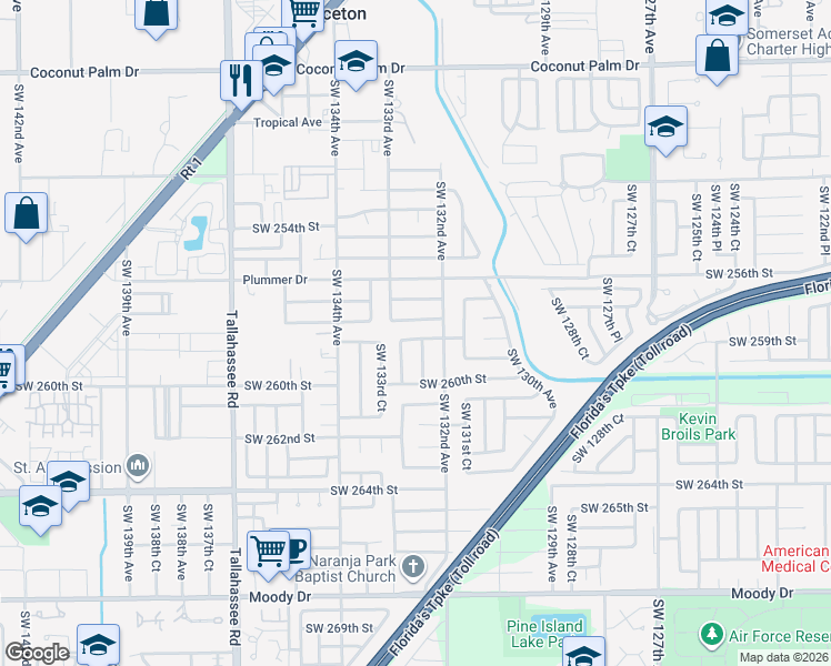map of restaurants, bars, coffee shops, grocery stores, and more near 25859 Southwest 132nd Place in Homestead