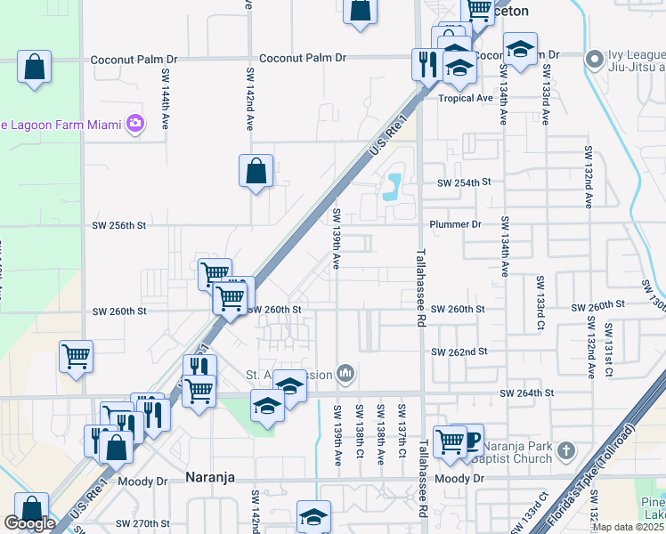 map of restaurants, bars, coffee shops, grocery stores, and more near 13890 Southwest 258th Street in Homestead