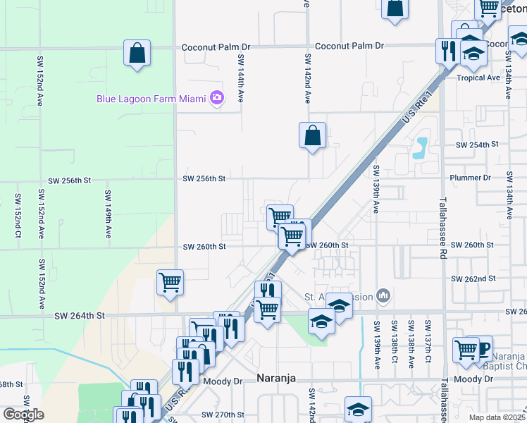 map of restaurants, bars, coffee shops, grocery stores, and more near 14341 Southwest 258th Lane in Naranja