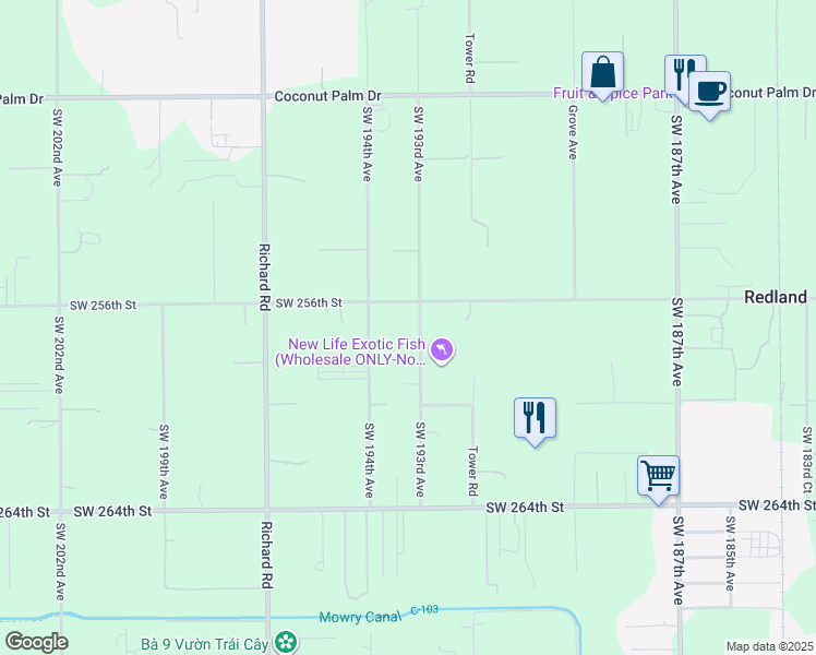 map of restaurants, bars, coffee shops, grocery stores, and more near 19300 Southwest 256th Street in Homestead