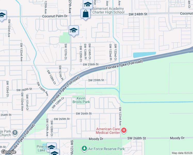 map of restaurants, bars, coffee shops, grocery stores, and more near 12402 Southwest 259th Street in Homestead