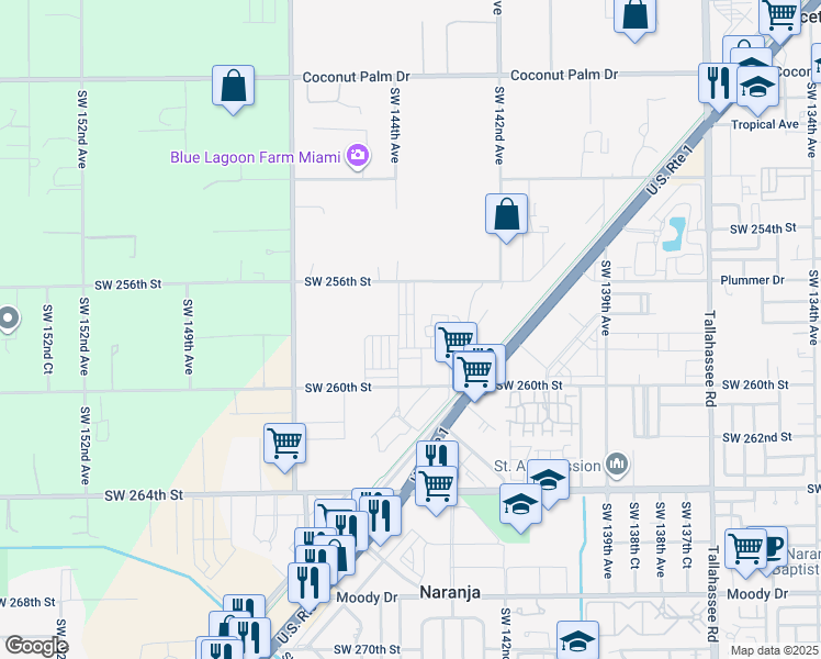 map of restaurants, bars, coffee shops, grocery stores, and more near 14341 Southwest 258th Lane in Naranja