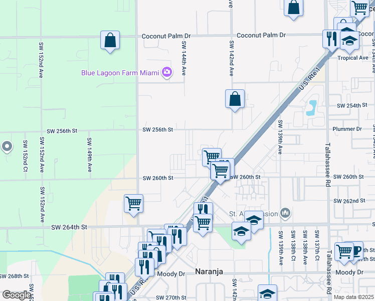 map of restaurants, bars, coffee shops, grocery stores, and more near 25875 Southwest 143rd Court in Homestead