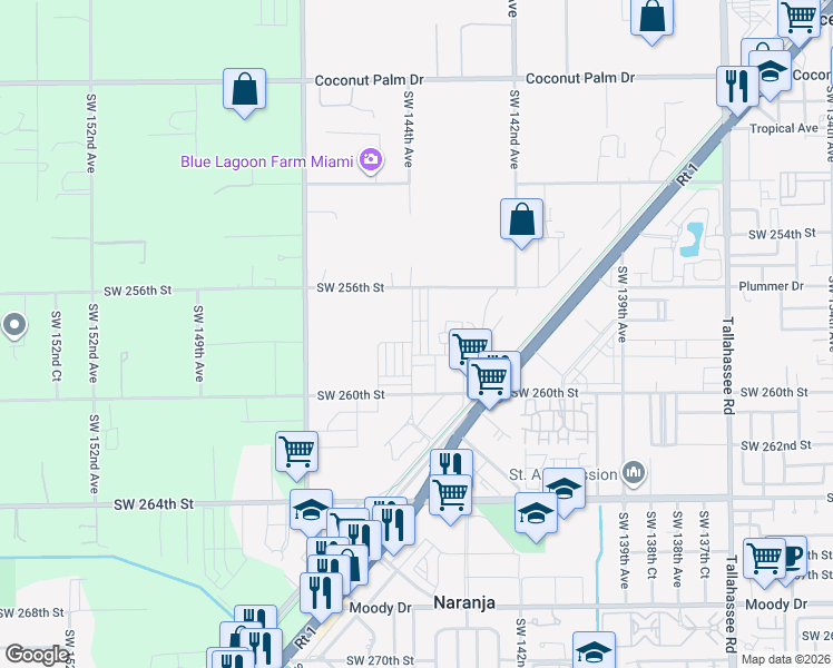 map of restaurants, bars, coffee shops, grocery stores, and more near 14341 Southwest 258th Lane in Naranja