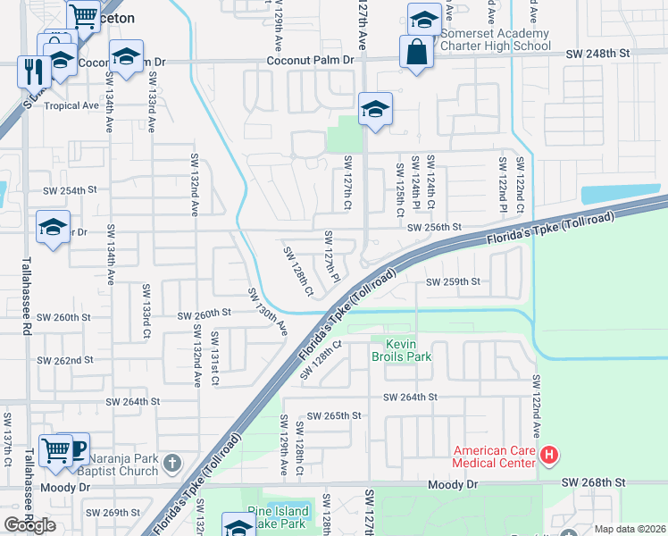 map of restaurants, bars, coffee shops, grocery stores, and more near 25843 Southwest 128th Avenue in Homestead