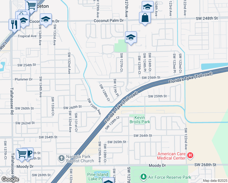 map of restaurants, bars, coffee shops, grocery stores, and more near 25843 Southwest 128th Avenue in Homestead