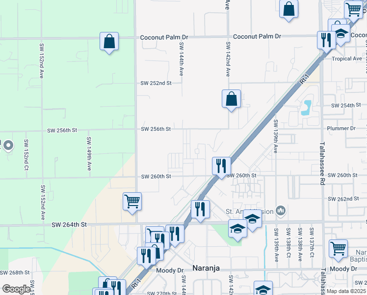 map of restaurants, bars, coffee shops, grocery stores, and more near 25586 Southwest 144th Avenue in Homestead